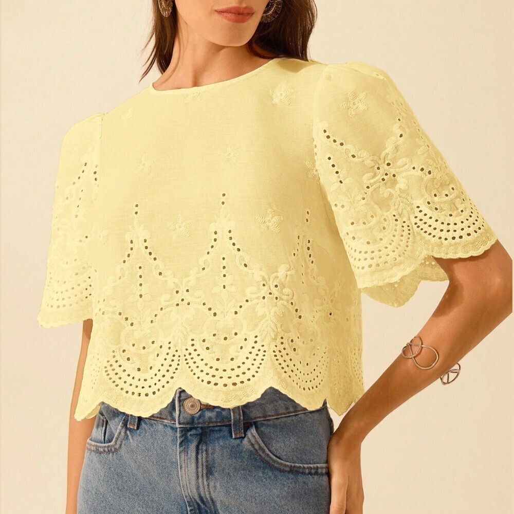 Pale Yellow Eyelet Embroidered Blouse with Scalloped Hem